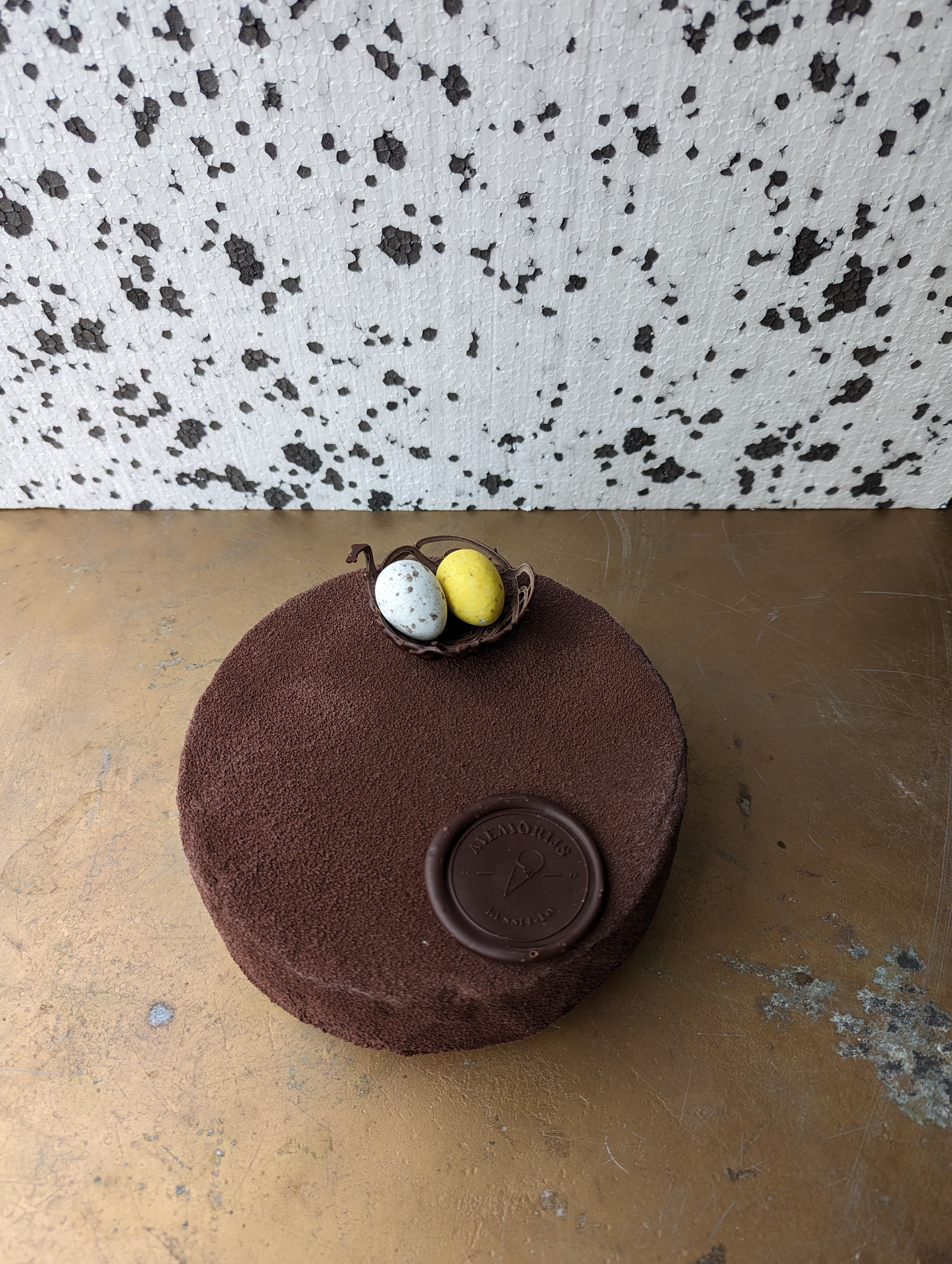 Foto van een ijstaart met donkere cacaboter spray rond om en eitjes en logo erop